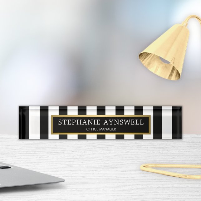 Black White Stripes Gold Personalized Desk Name Plate (Creator Uploaded)