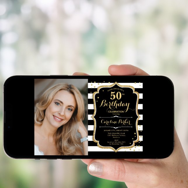 Black White Stripes Gold Photo 50th Birthday Invitation (Front Digital)