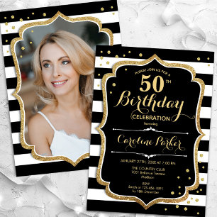 Black White Stripes Gold Photo 50th Birthday Invitation