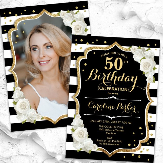 Black White Stripes Gold Photo 50th Birthday Invitation (Creator Uploaded)