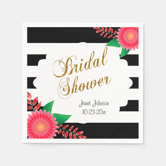 Black & White Stripes, Gold | Pink Bridal Shower Napkins (Front)