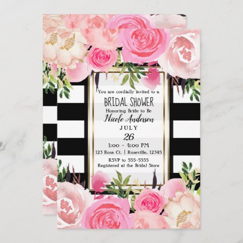 Black White Stripes Gold Pink Floral Bridal Shower Invitation