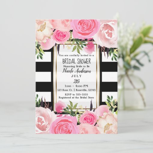 Black White Stripes Gold Pink Floral Bridal Shower Invitation Zazzle