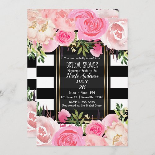 Black White Stripes Gold Pink Floral Bridal Shower Invitation