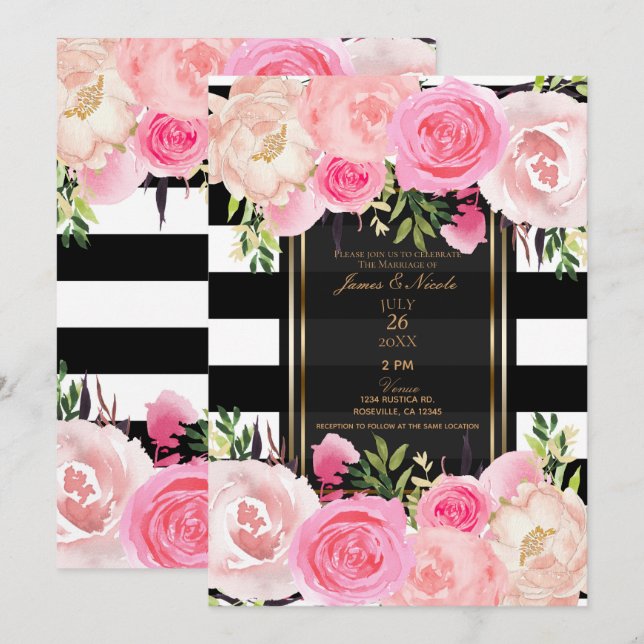 Black White Stripes Gold Pink Floral Wedding Invitation (Front/Back)
