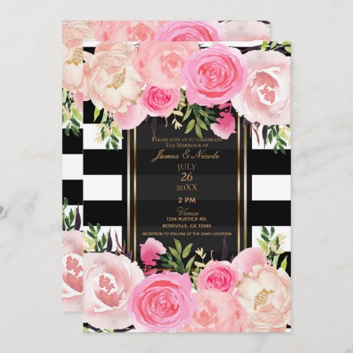 Black White Stripes Gold Pink Floral Wedding Invitation