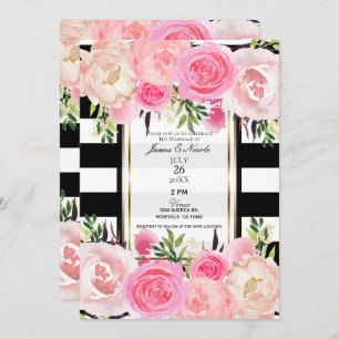 Black White Stripes Gold Pink Floral Wedding Invitation