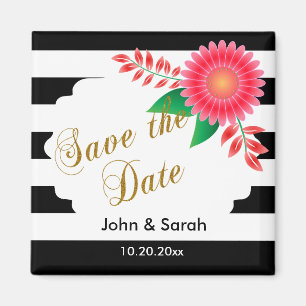 Black & White Stripes, Gold Pink Save the Date Magnet