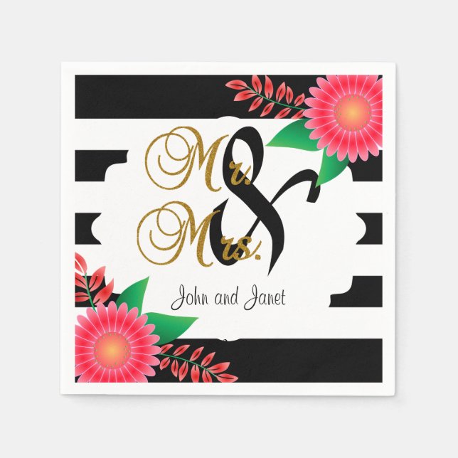 Black & White Stripes, Gold | Pink Wedding Paper Napkins (Front)