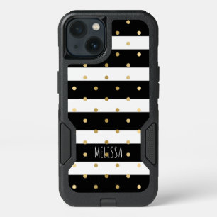 Black & White Stripes Gold Polkadots Pattern 3 iPhone 13 Case