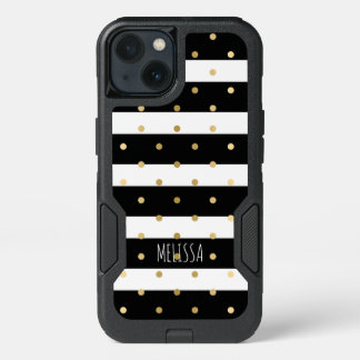 Black & White Stripes Gold Polkadots Pattern 3 iPhone 13 Case