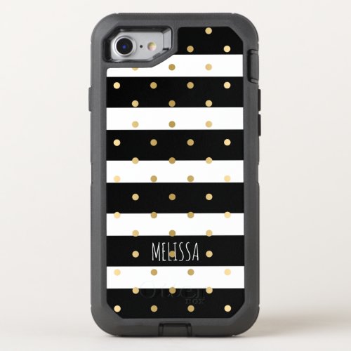 Black  White Stripes Gold Polkadots Pattern OtterBox Defender iPhone SE87 Case