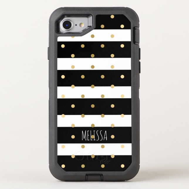 Black & White Stripes Gold Polkadots Pattern Otterbox iPhone Case (Back)
