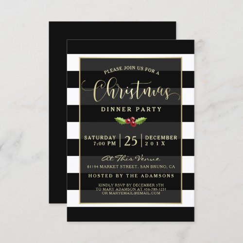 Black & White Stripes | Gold Reindeer Christmas Invitation - Send modern, elegant Christmas party invitations for your dinner party celebration this year with these easy to personalize / customize invites. The semi-transparent black overlay has a golden border over black and white stripes. There is a sprig of holly and two holly berries in the middle. On the reverse, there is a gold glitter reindeer stag standing to attention on a jet black background. Zazzle has lots of different fonts and font colors to chose from. Please note the all Zazzle products are digitally flat printed. No real gold foil or glitter.