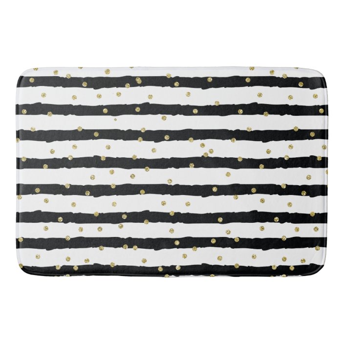 Black White Stripes Gold Sparkly Confetti Bath Mat