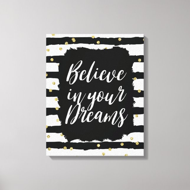 Black White Stripes Gold Sparkly Confetti Dreams Canvas Print (Front)