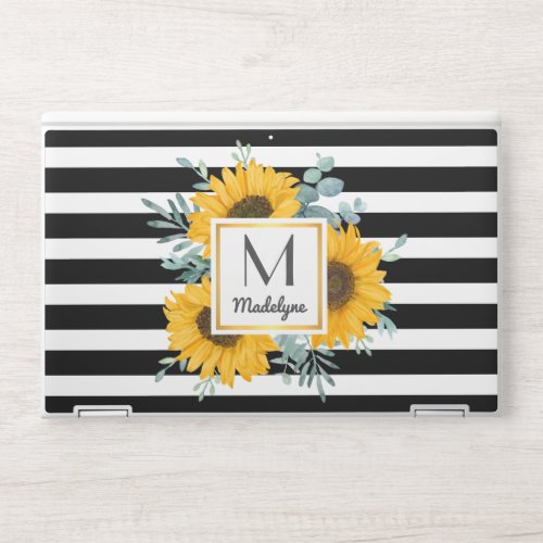 Black White Stripes Gold Sunflower Personalized HP Laptop Skin