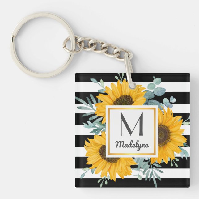 Black White Stripes Gold Sunflower Personalized Keychain (Front)
