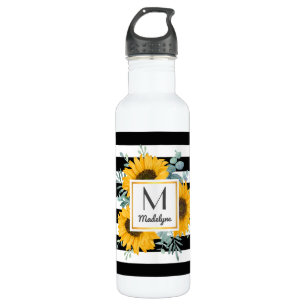 Black White Stripes Gold Sunflower Personalized Stainless Steel Water Bottle