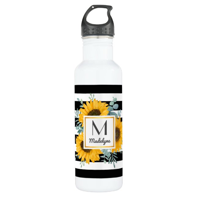 Black White Stripes Gold Sunflower Personalized Stainless Steel Water Bottle (Front)