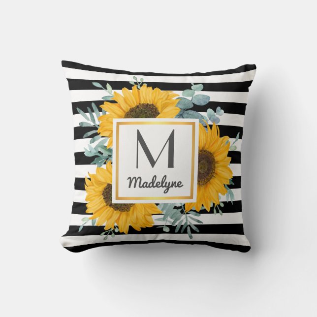 Black White Stripes Gold Sunflower Personalized Throw Pillow (Front)
