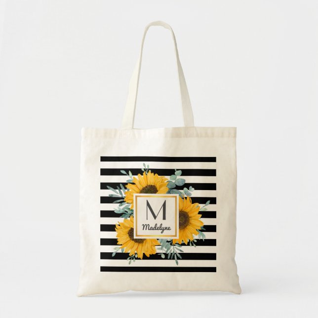 Black White Stripes Gold Sunflower Personalized Tote Bag (Front)