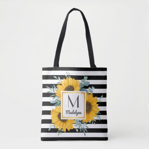 Black White Stripes Gold Sunflower Personalized Tote Bag