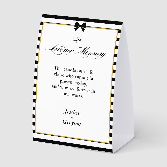 Black White Stripes Gold Wedding In Loving Memory Paper Table Tent (Front)