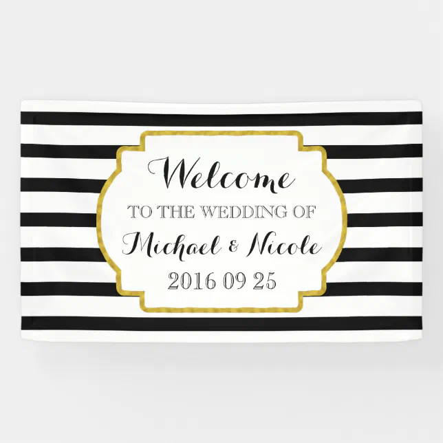 Black White Stripes Gold Wedding Welcome Sign | Zazzle