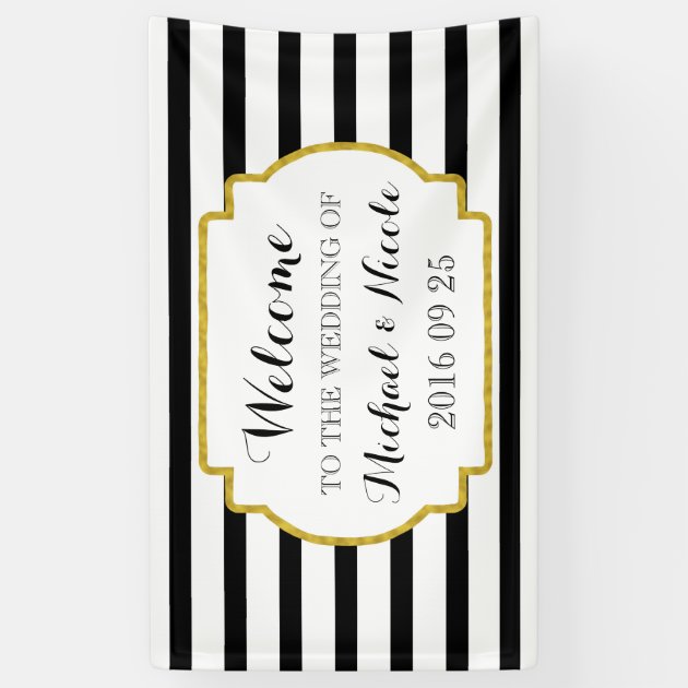 Black White Stripes Gold Wedding Welcome Sign