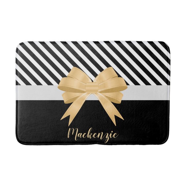 Black White Stripes Goldem Bow Bath Mat (Front)