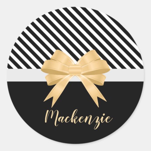 Black White Stripes Goldem Bow Classic Round Sticker