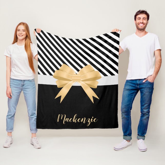 Black White Stripes Goldem Bow Fleece Blanket (In Situ)