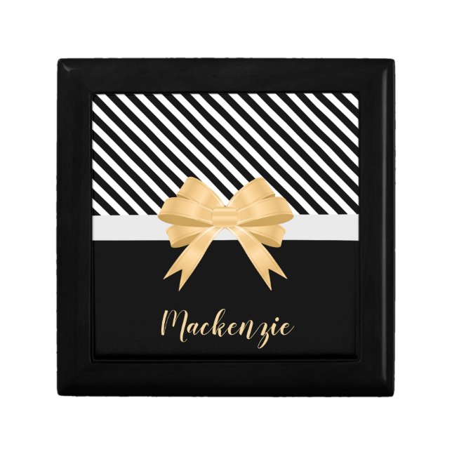 Black White Stripes Goldem Bow Gift Box (Front)
