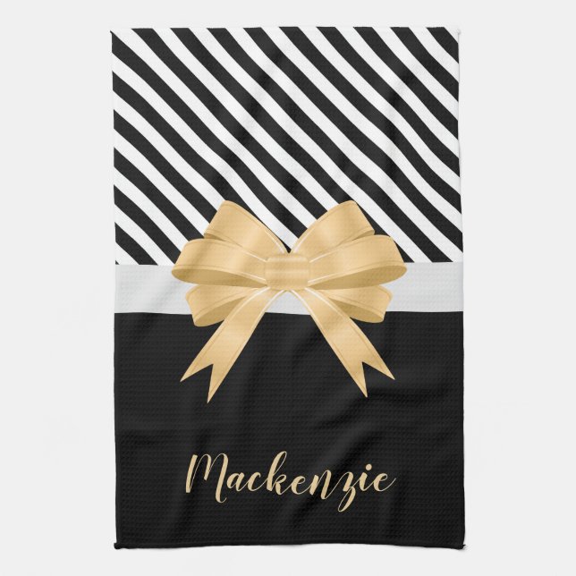 Black White Stripes Goldem Bow Kitchen Towel (Vertical)