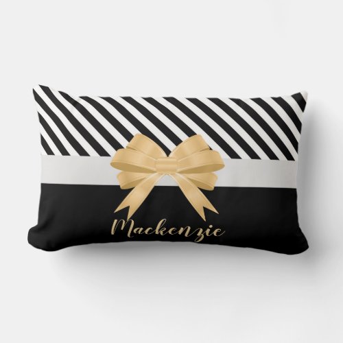 Black White Stripes Goldem Bow Lumbar Pillow