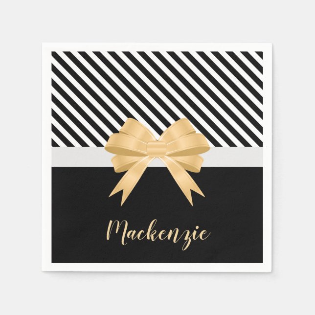 Black White Stripes Goldem Bow Napkins (Front)