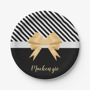 Black White Stripes Goldem Bow Paper Plates