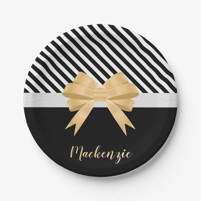 Black White Stripes Goldem Bow Paper Plates (Front)