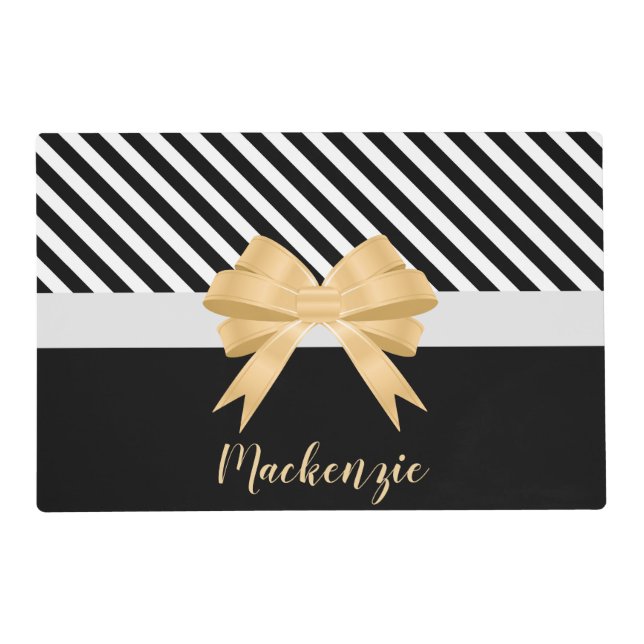 Black White Stripes Goldem Bow Placemat (Front)