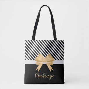 Black White Stripes Goldem Bow Tote Bag