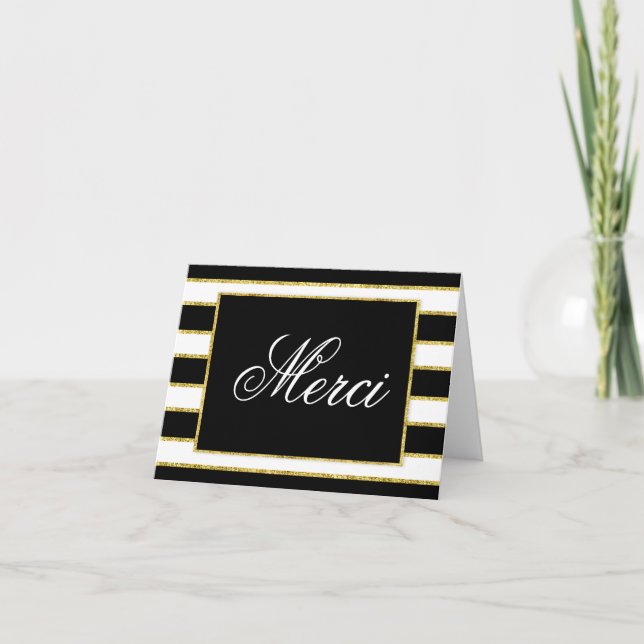 Black+White Stripes & Golden Sparkle Merci Thank You Card (Front)