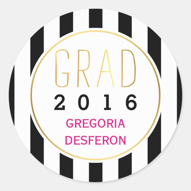 Black white stripes grad 2016 modern graduation classic round sticker (Front)