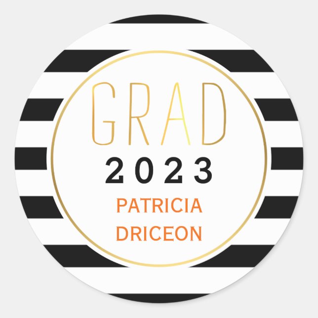 Black white stripes grad 2016 trendy graduation classic round sticker (Front)