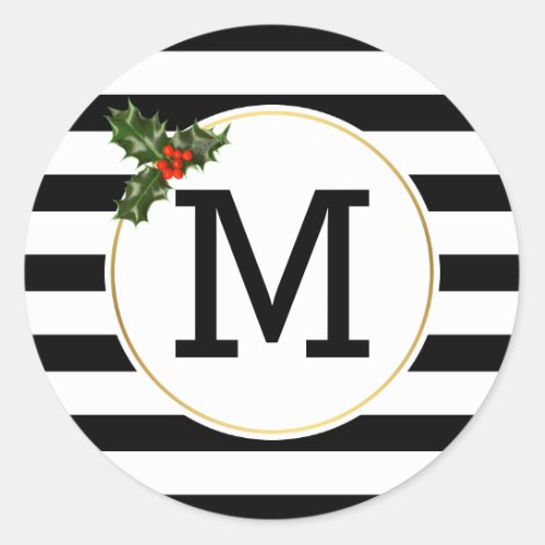 Black white stripes holly berry monogram Christmas Classic Round Sticker