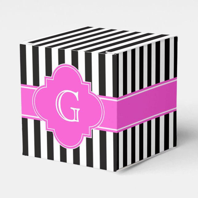Black White Stripes, Hot Pink Quatrefoil Monogram Favor Boxes (Front Side)