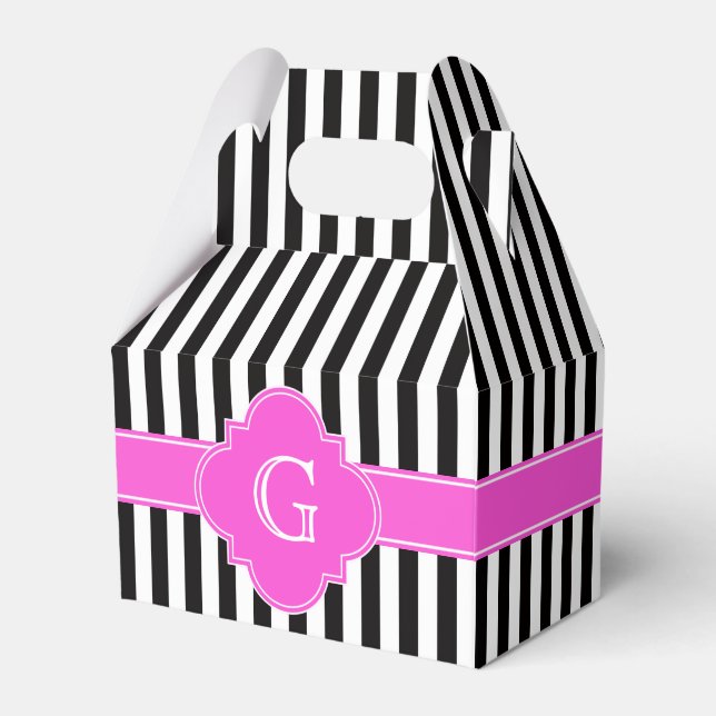 Black White Stripes, Hot Pink Quatrefoil Monogram Favor Boxes (Front Side)