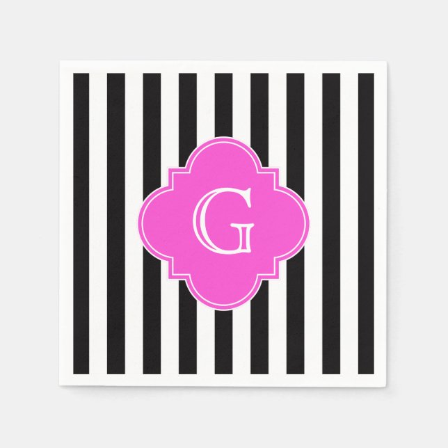 Black White Stripes, Hot Pink Quatrefoil Monogram Napkins (Front)