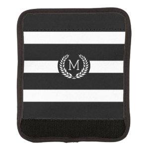 Black white stripes laurel wreath monogram luggage handle wrap