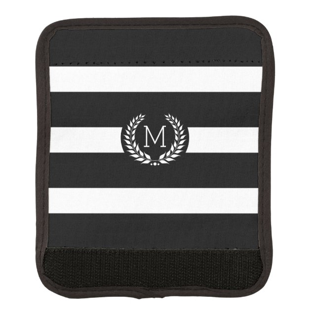 Black white stripes laurel wreath monogram luggage handle wrap (Front)